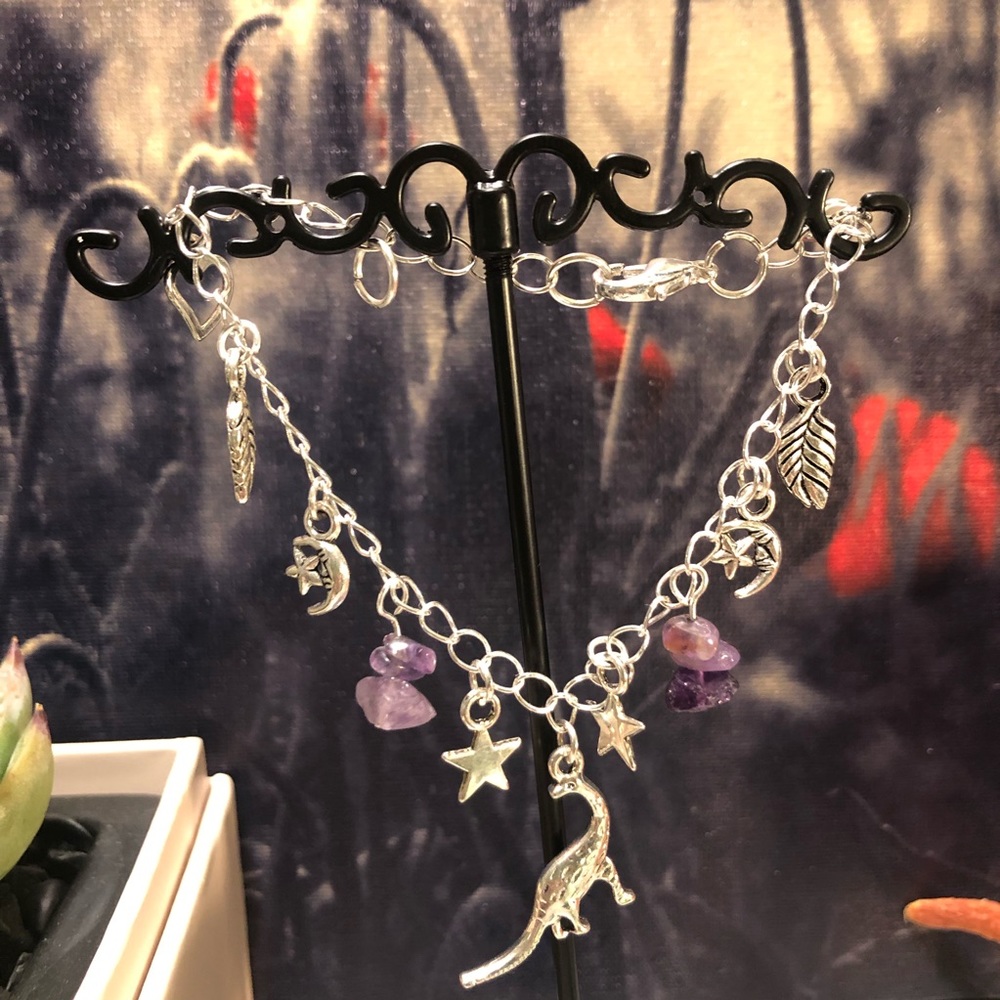 Dinosaur Star Moon Heart Charm Rock Handmade Chain Bracelet Silver & Adjustable
